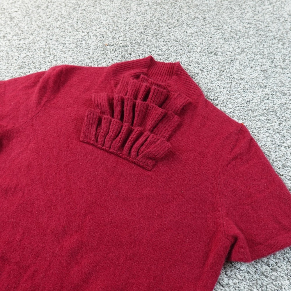 Cashmere Sweater Womens L Red Mock Neck Short Sleeve Pullover Ruffle Top Cozy